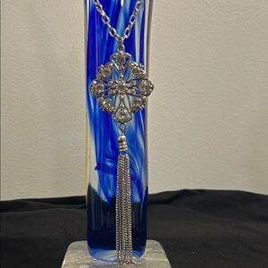 Elegant Blue and Silver Glass Vase with Tassel Accent